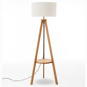 Natural Wooden Tripod Floor Lamp W/ Round Shelf + Off White Linen Shade