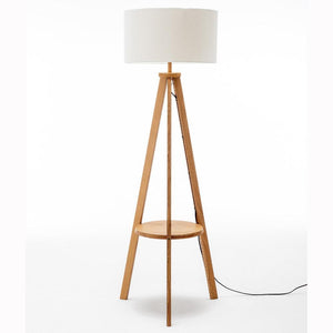 Natural Wooden Tripod Floor Lamp W/ Round Shelf + Off White Linen Shade