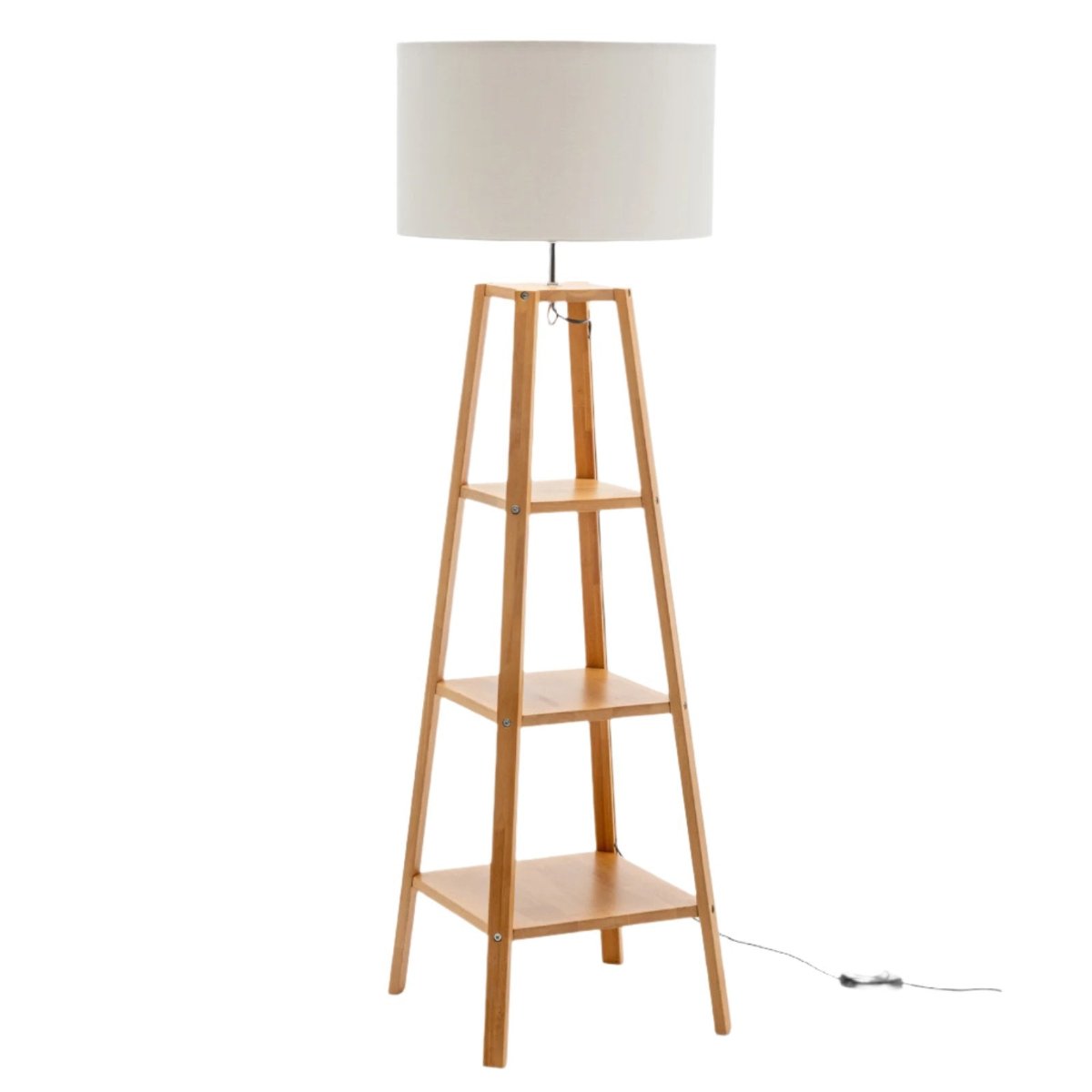 Eiffel 3 Tier Natural Wood Floor Lamp W/ Storage Shelves + Off White Linen Shade