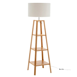 Eiffel 3 Tier Natural Wood Floor Lamp W/ Storage Shelves + Off White Linen Shade