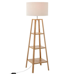 Eiffel 3 Tier Natural Wood Floor Lamp W/ Storage Shelves + Off White Linen Shade