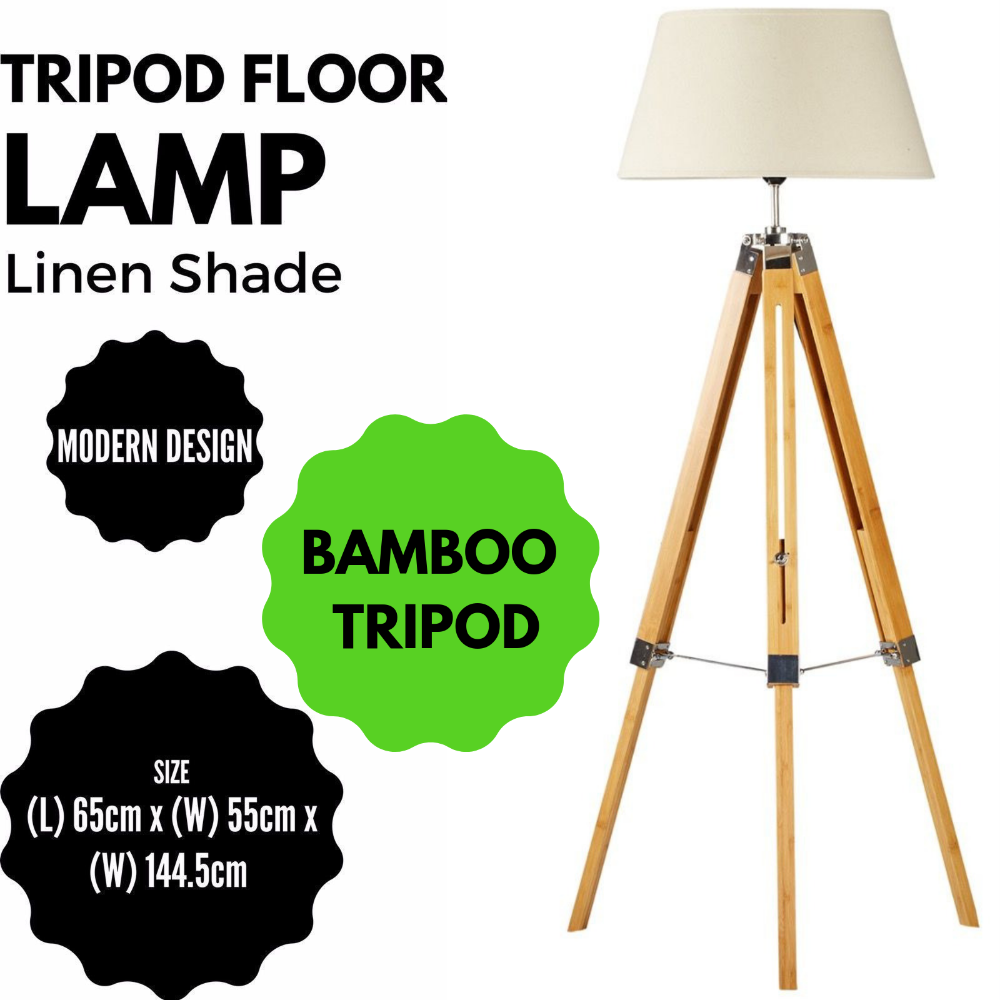 Large Tripod Floor Lamp Linen Shade Modern Light Bamboo Vintage Wooden Retro