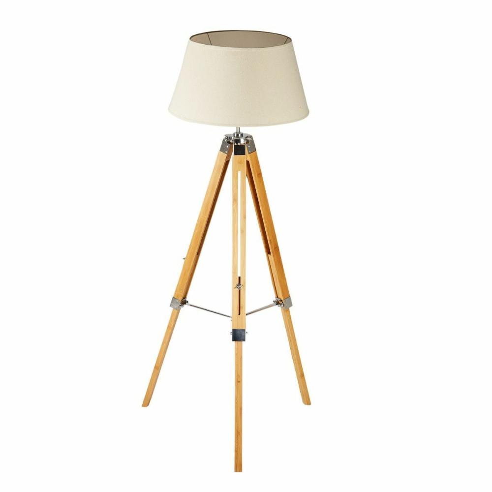 Large Tripod Floor Lamp Linen Shade Modern Light Bamboo Vintage Wooden Retro