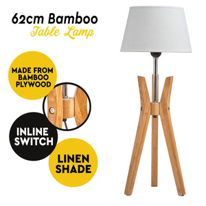 Bamboo Tripod Table Lamp Desk Modern Rustic Geo Light W Linen Shade