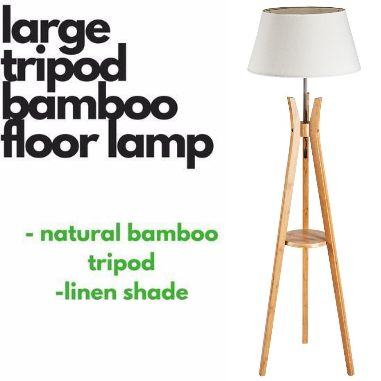 Large Bamboo Tripod Floor Lamp Linen Shade Modern Light Vintage Wooden Scandi