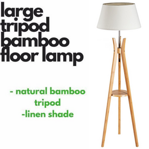 Large Bamboo Tripod Floor Lamp Linen Shade Modern Light Vintage Wooden Scandi