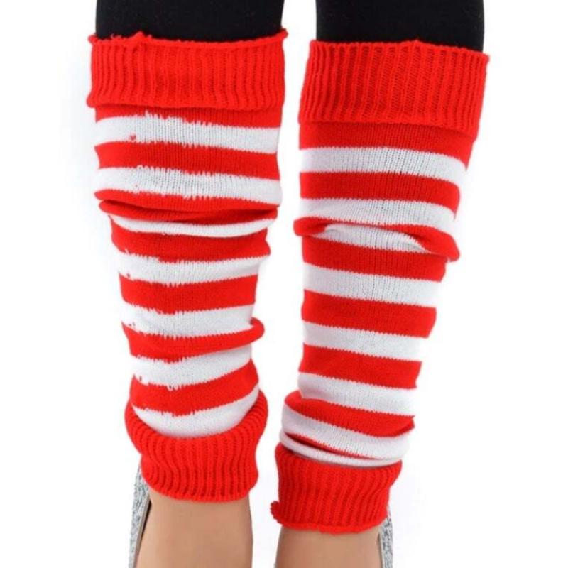 Pair Of Womens Leg Warmers Disco Winter Knit Dance Party Crochet Legging Socks Costume Red/White Stripe