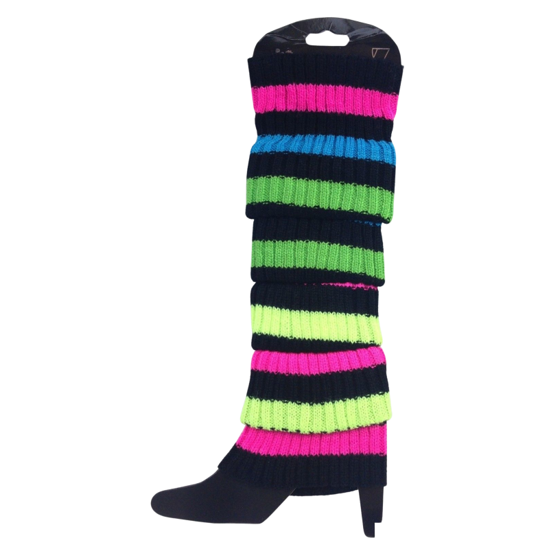 Br Costumes Pair Of Womens Leg Warmers Disco Winter Knit Dance Party Crochet Legging Socks Rainbow With Black Stripe