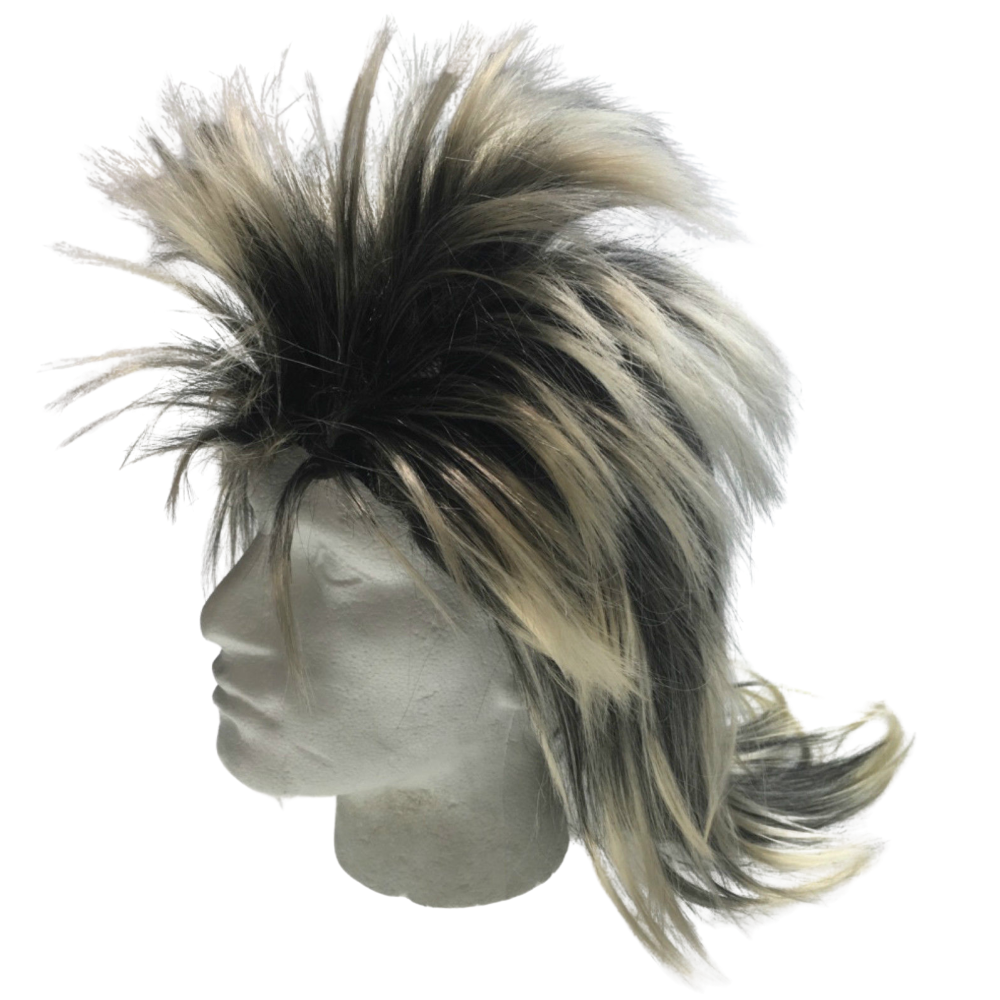 Mens Long Spiky Wig Rock Punk 80S Fancy Dress Costume Bogan Mullet Spikey Black/Blonde