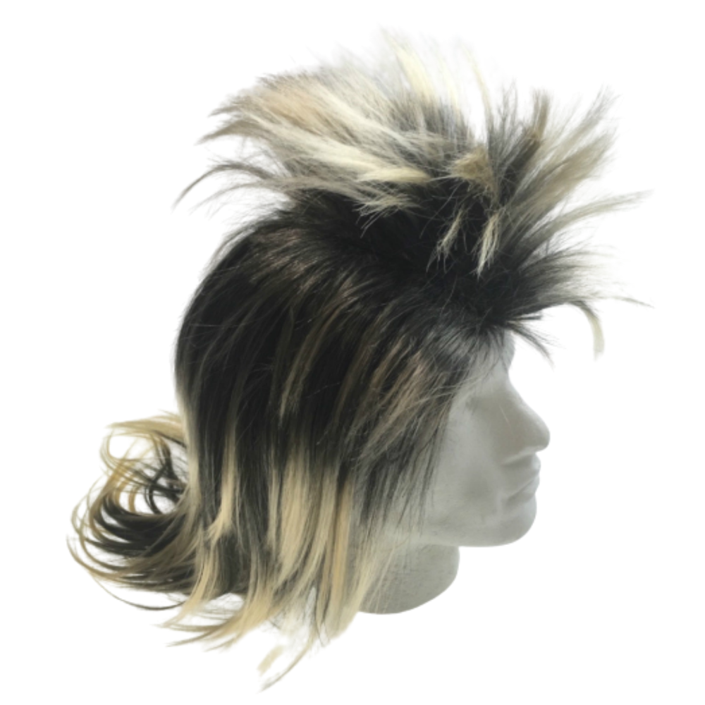 Mens Long Spiky Wig Rock Punk 80S Fancy Dress Costume Bogan Mullet Spikey Black/Blonde