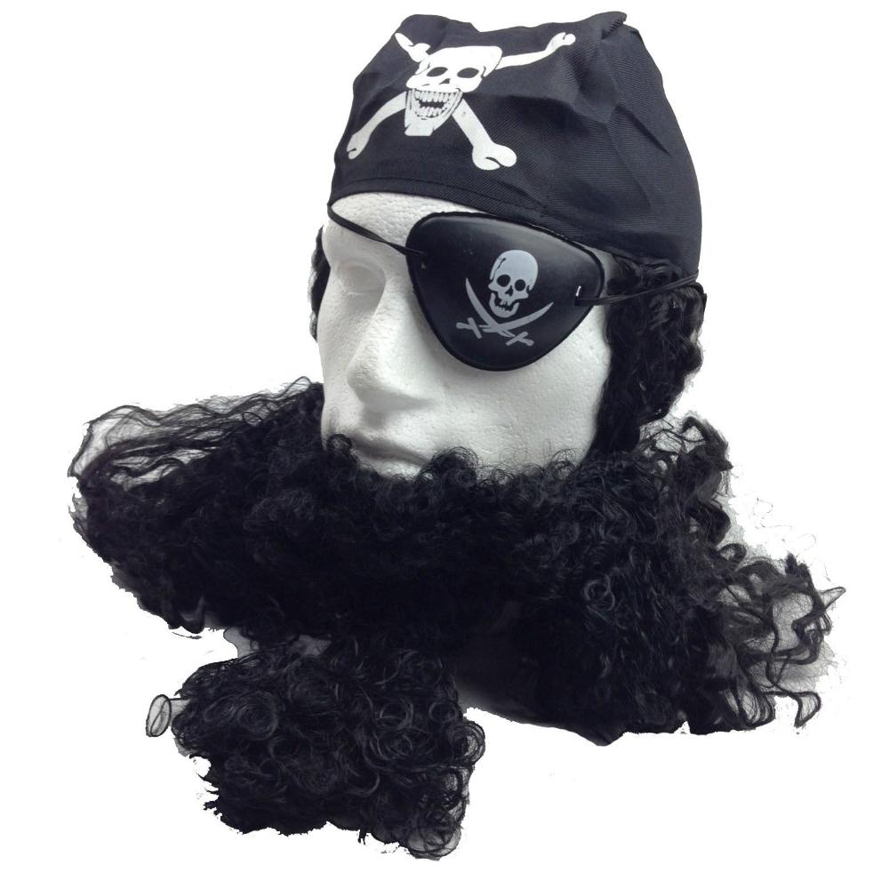 Pirate Wig Costume Fancy Dress Caribbean With Bandana & Beard Party Eye Patch