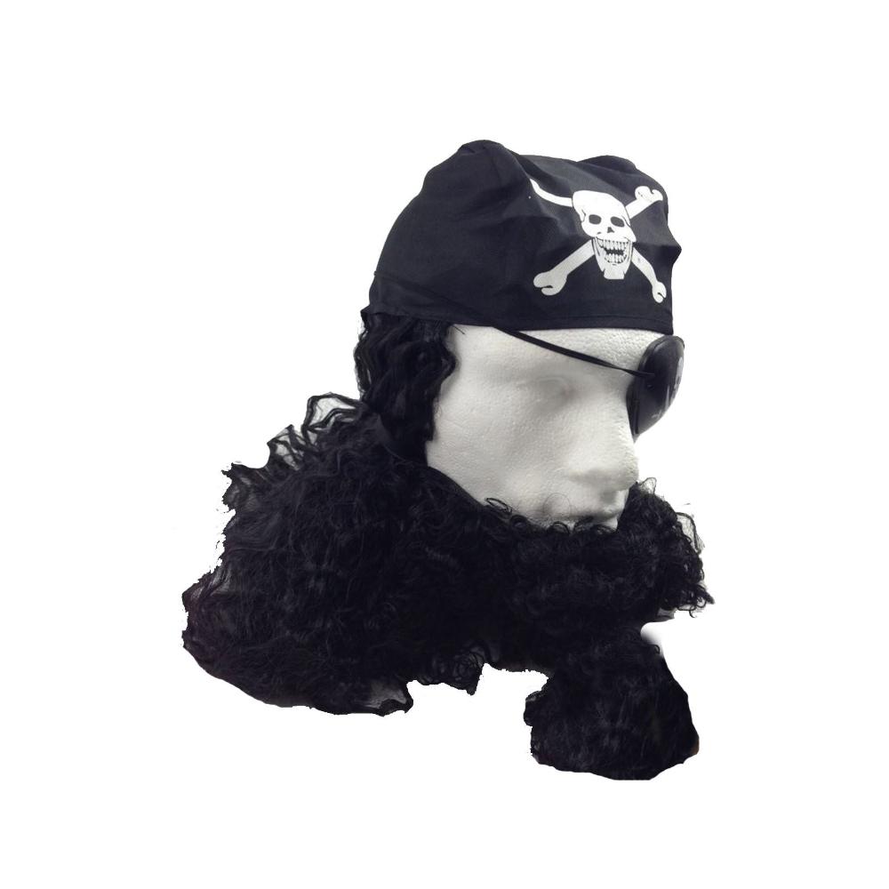 Pirate Wig Costume Fancy Dress Caribbean With Bandana & Beard Party Eye Patch