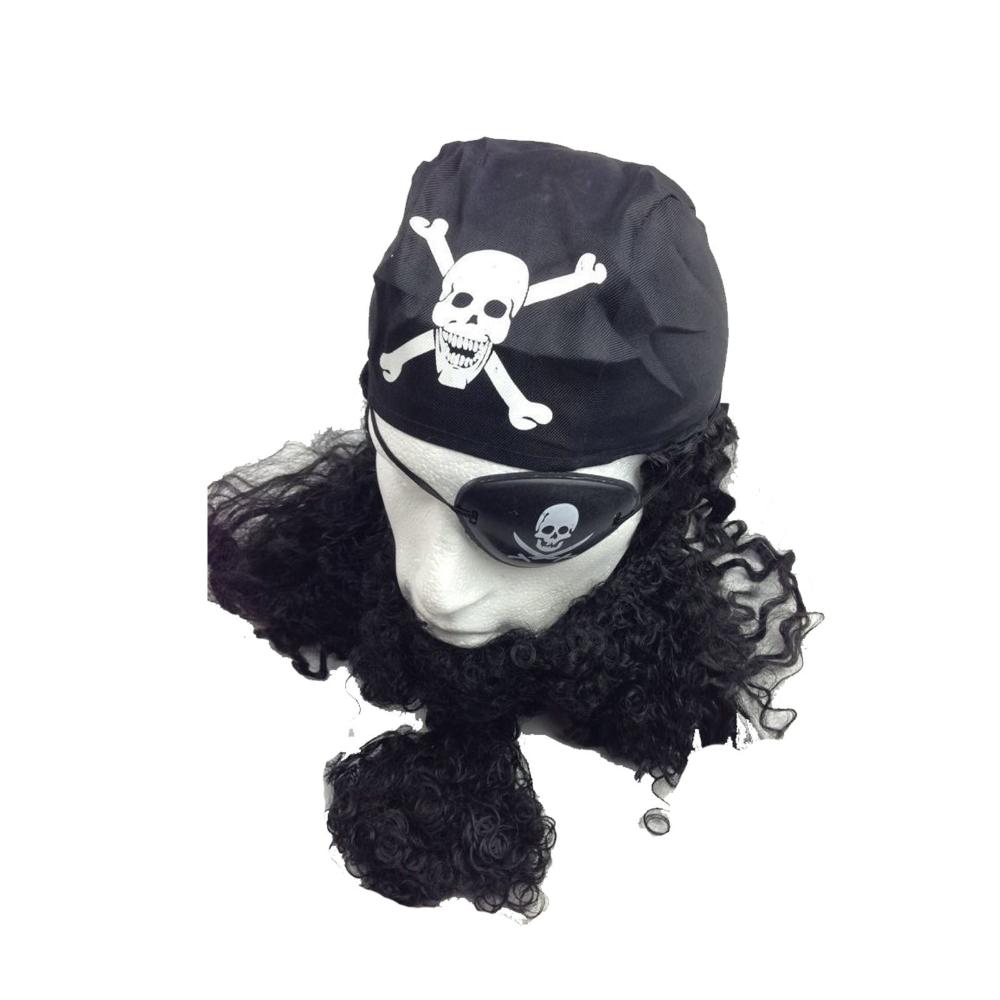 Pirate Wig Costume Fancy Dress Caribbean With Bandana & Beard Party Eye Patch