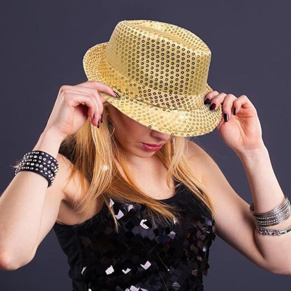 Sequin Hat Trilby Fedora Glitter Cap Costume Dance Party Yellow/Gold