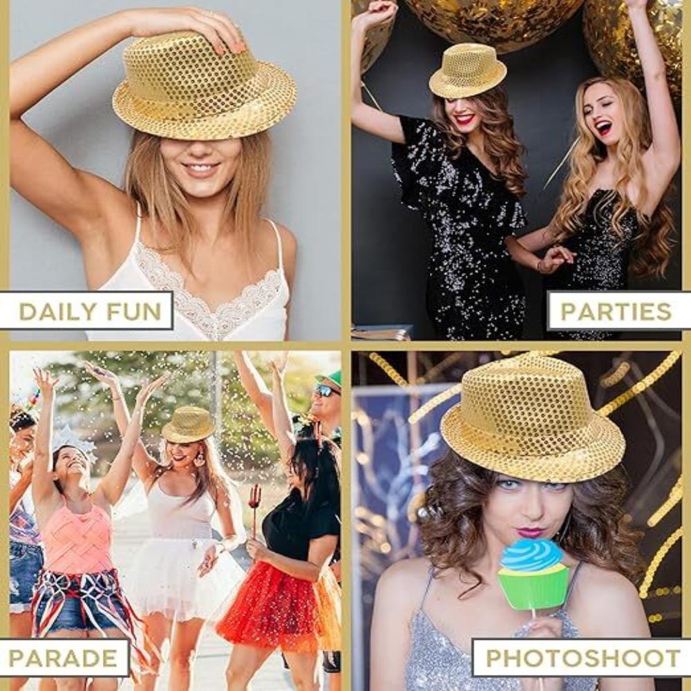 Sequin Hat Trilby Fedora Glitter Cap Costume Dance Party Yellow/Gold