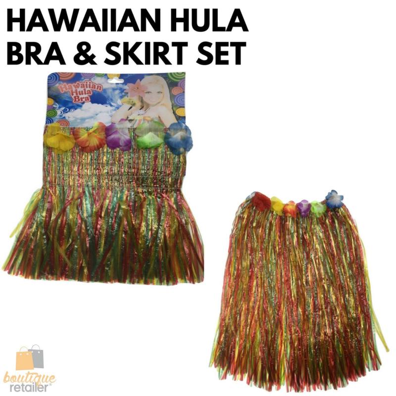 House Of Dasein Hawaiian Hula Bra & Skirt Set Tropical Costume Dress Lei Grass Flower Party