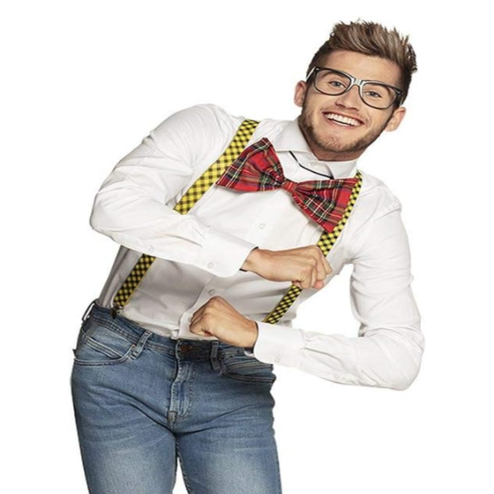 Nerd Costume Kit Set Geek Glasses Fancy Dress Retro Funny Braces Bow Tie Party