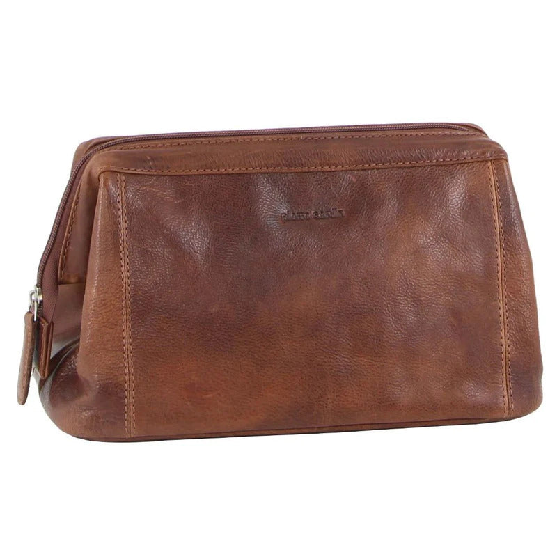 Pierre Cardin Mens Rustic Leather Toiletry Case Bag Travel Cognac