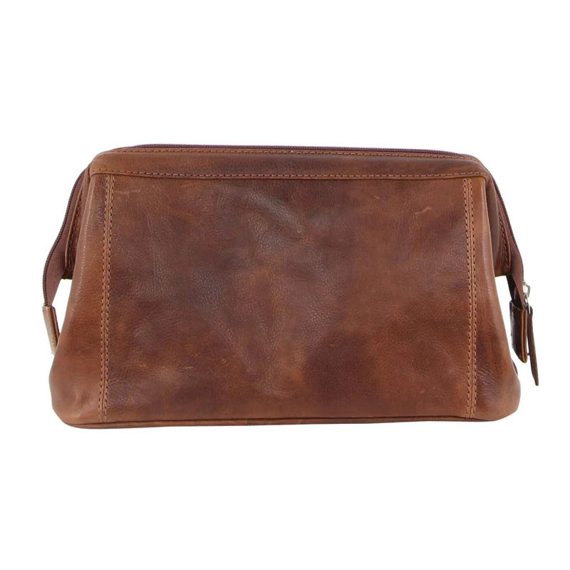 Pierre Cardin Mens Rustic Leather Toiletry Case Bag Travel Cognac