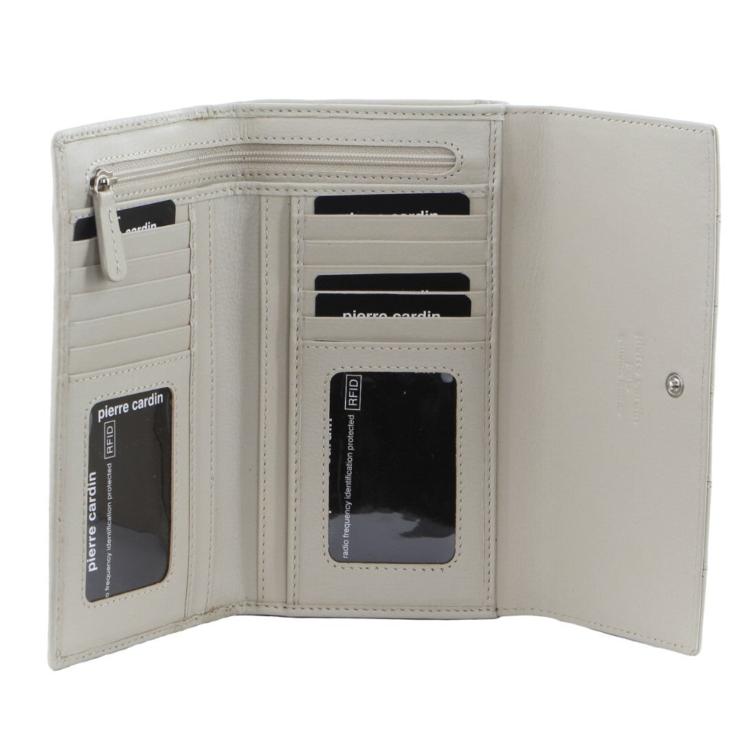 Pierre Cardin Womens Leather Tri Fold Wallet Rfid In Bone