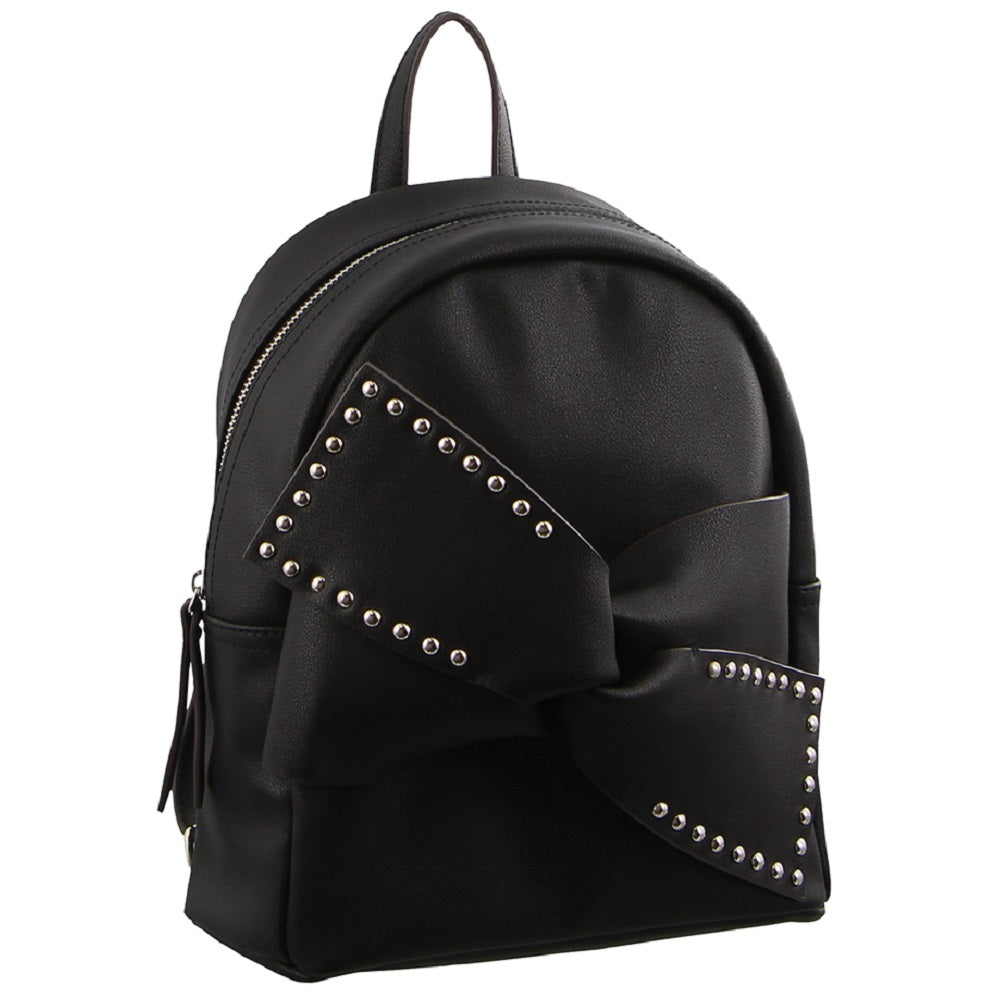 Milleni Black Leather Look Backpack Bag With Bow Detail