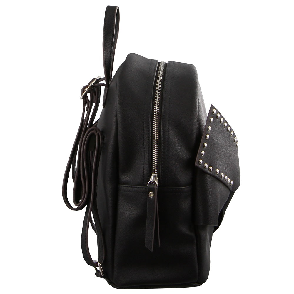 Milleni Black Leather Look Backpack Bag With Bow Detail