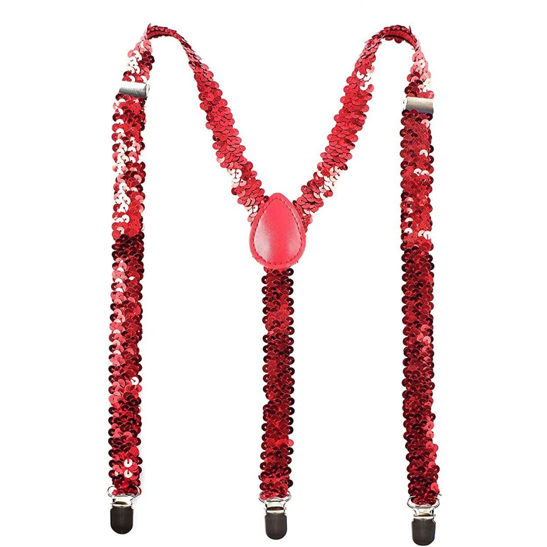 Mens Suspenders Braces Adjustable Strong Clip On Elastic Formal Wedding Slim Red (Sequin)