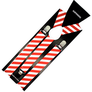 Mens Suspenders Braces Adjustable Strong Clip On Elastic Formal Wedding Slim Red/White Diagonal Stripes