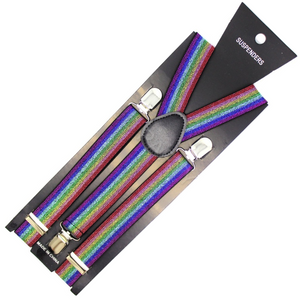 Mens Suspenders Braces Adjustable Strong Clip On Elastic Formal Wedding Slim Rainbow (Glitter)