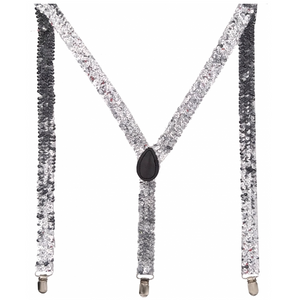 Mens Suspenders Braces Adjustable Strong Clip On Elastic Formal Wedding Slim Silver (Sequin)