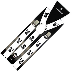 Mens Suspenders Braces Adjustable Strong Clip On Elastic Formal Wedding Slim White With Black Skulls