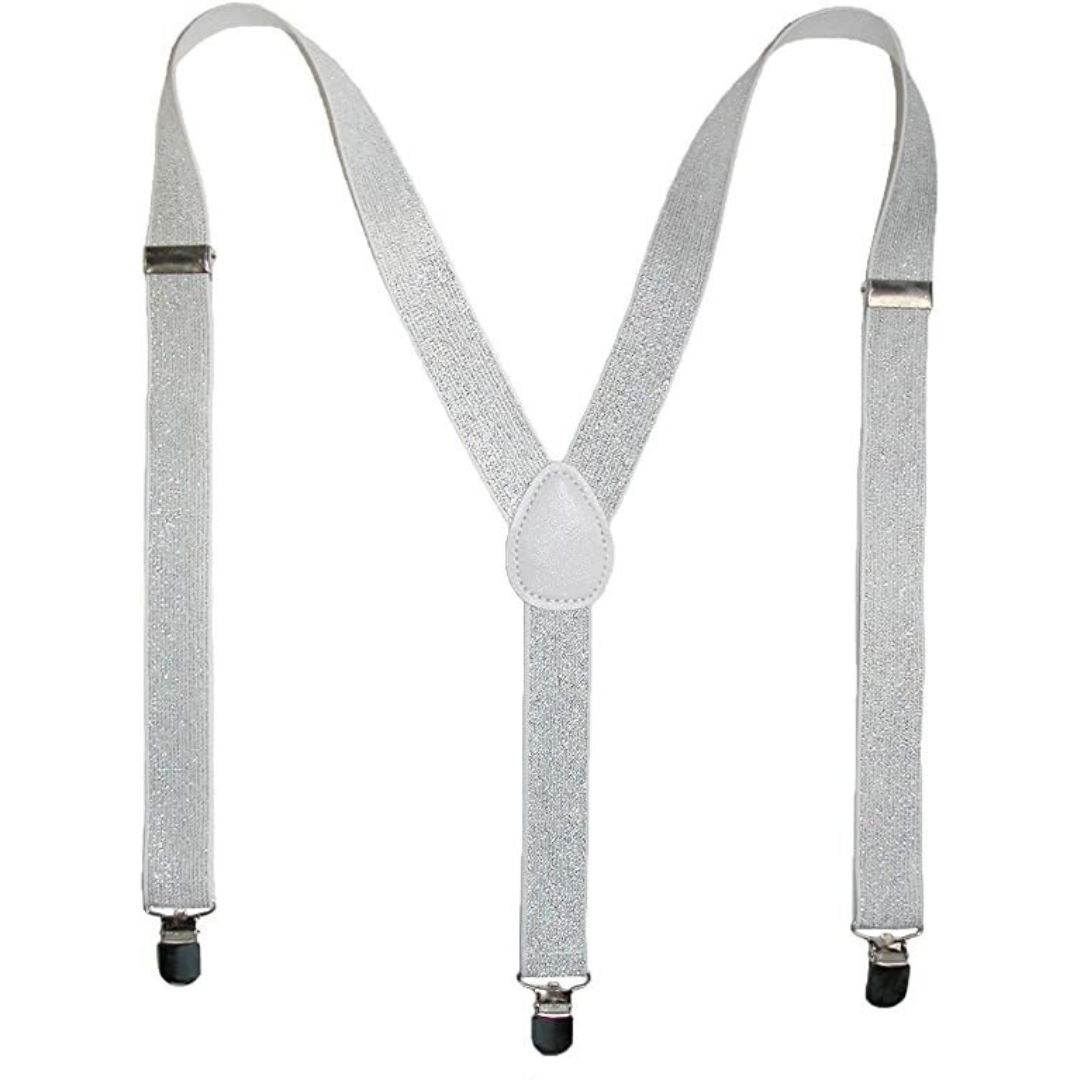 Mens Suspenders Braces Adjustable Strong Clip On Elastic Formal Wedding Slim White Glitter