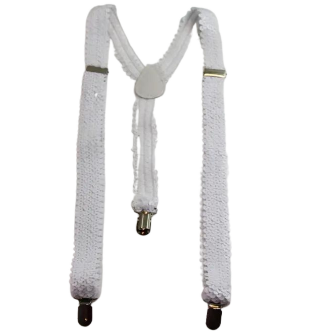 Mens Suspenders Braces Adjustable Strong Clip On Elastic Formal Wedding Slim White (Sequin)