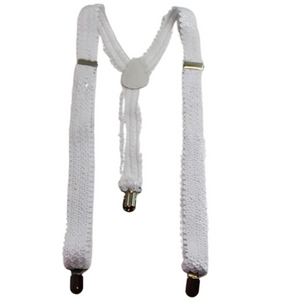 Mens Suspenders Braces Adjustable Strong Clip On Elastic Formal Wedding Slim White (Sequin)