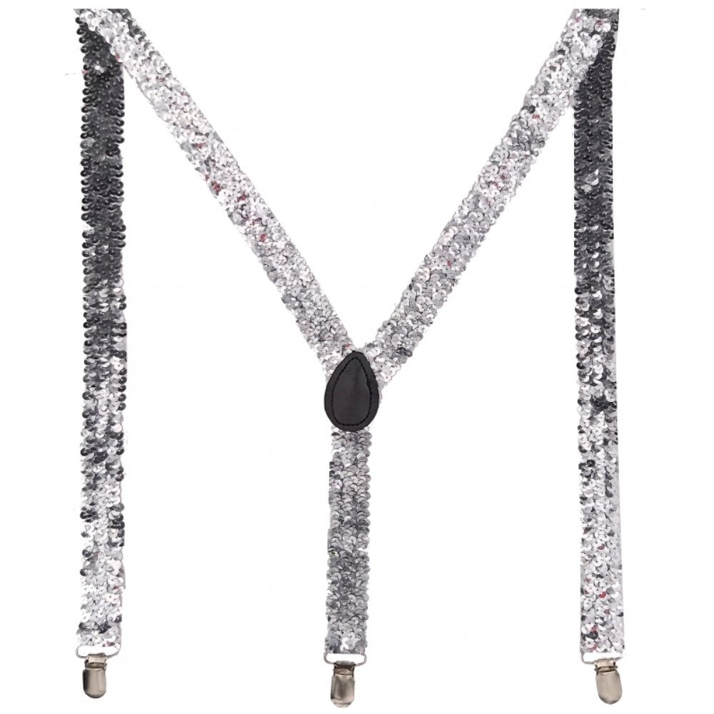 Sequin Suspenders Unisex Adjustable Braces Clip On Elastic Y Back Silver