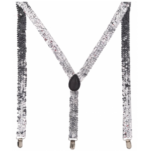 Sequin Suspenders Unisex Adjustable Braces Clip On Elastic Y Back Silver