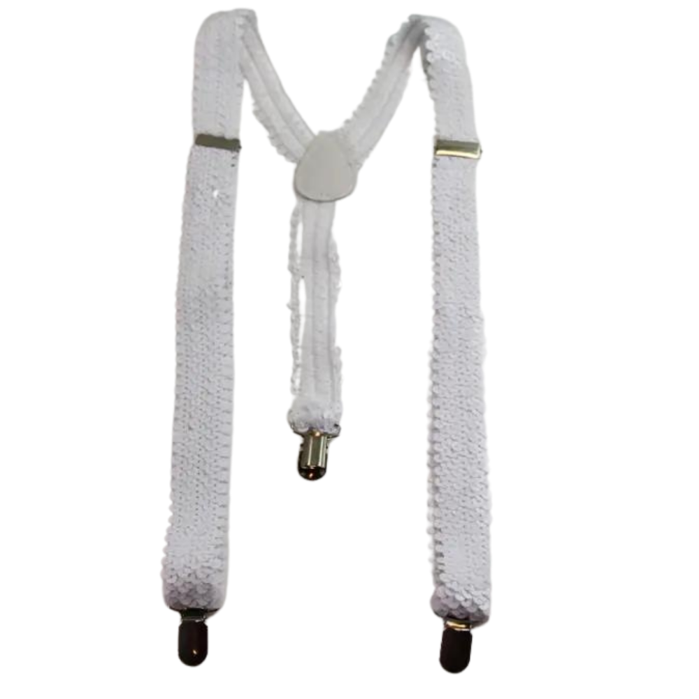 Sequin Suspenders Unisex Adjustable Braces Clip On Elastic Y Back White