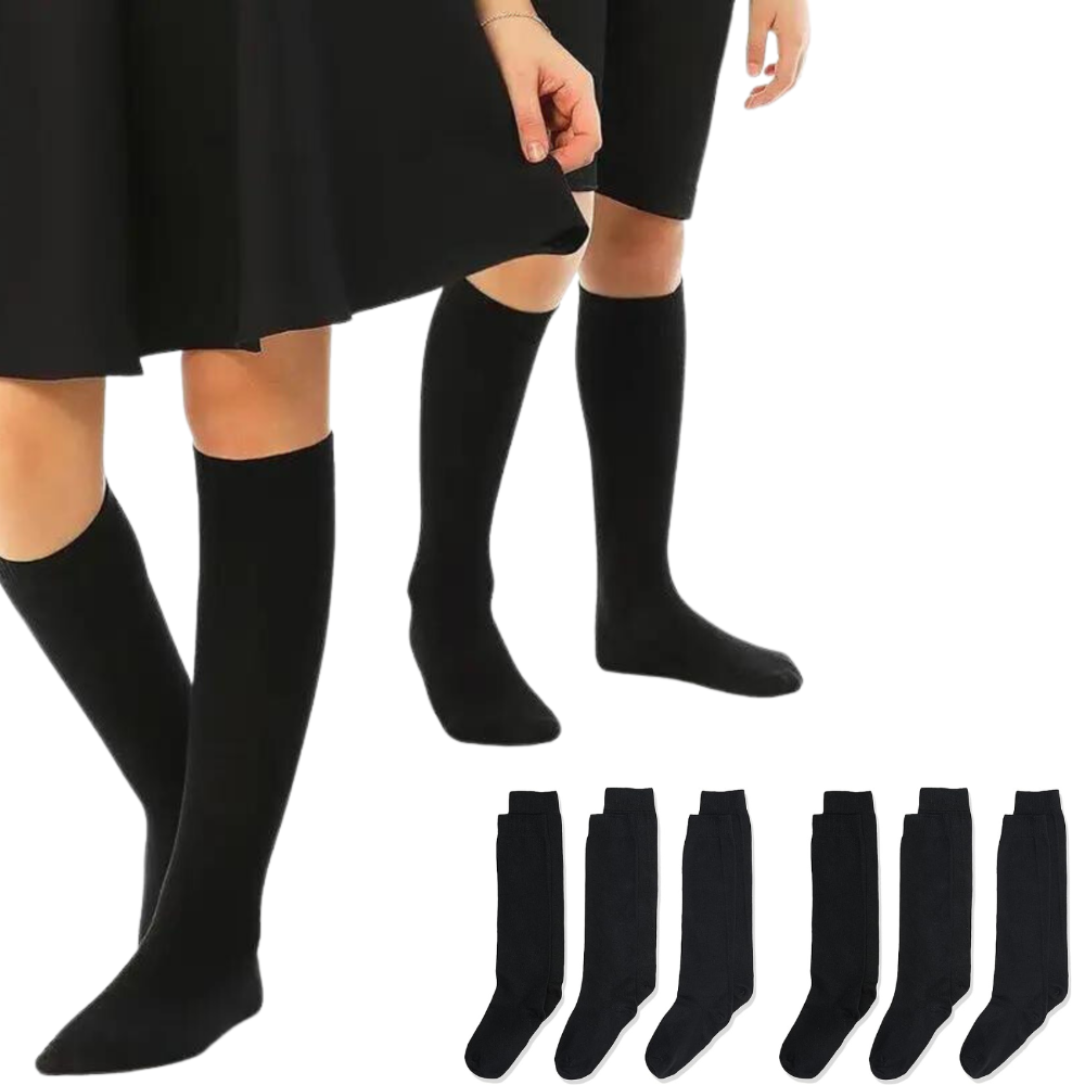 Tag 4 School 6X Pairs Uniform Knee High Socks Cotton Rich Girls Boys Kids Bulk Black 9 12 (5 8 Years Old)