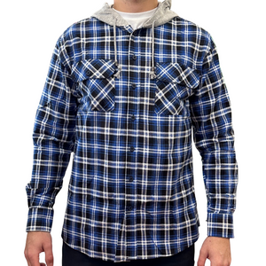 Mens Cotton Flannelette Shirt W Jersey Hood Long Sleeve Denim 2Xl