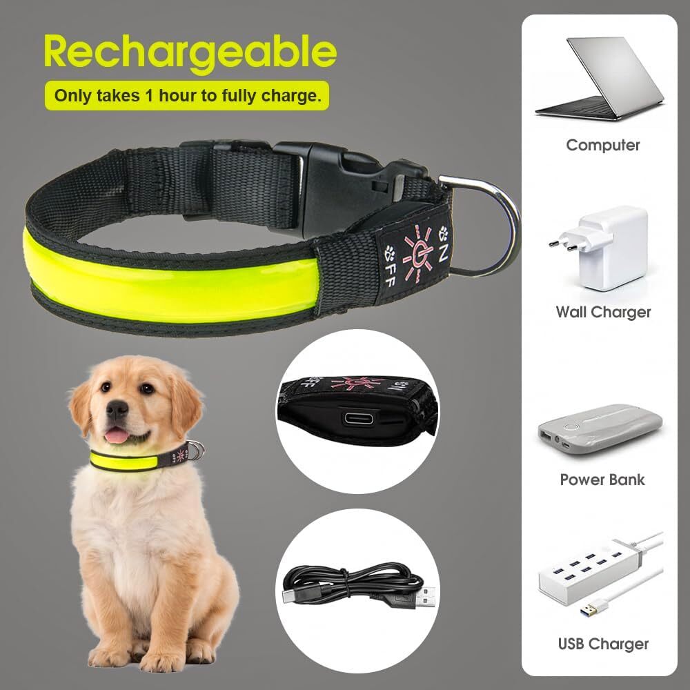 Led Dog Cat Collar Usb Rechargeable Nylon Glow Flashing Light Up Safety Puppy