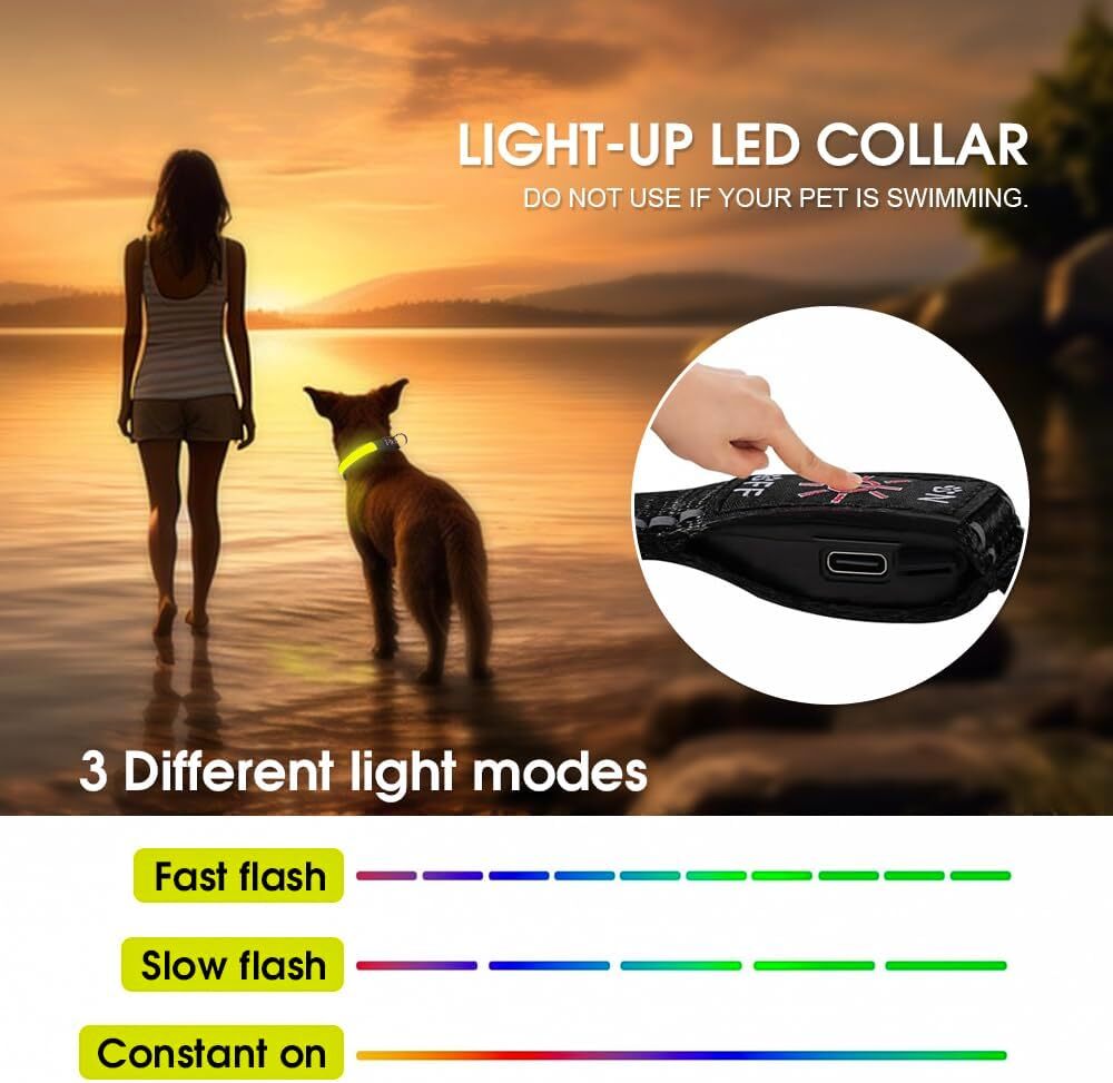 Led Dog Cat Collar Usb Rechargeable Nylon Glow Flashing Light Up Safety Puppy