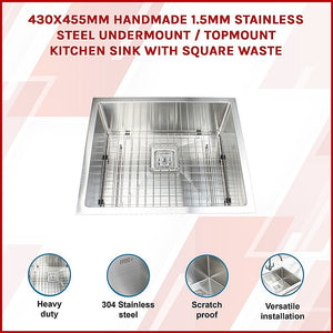 430X455mm Handmade 1.5Mm Stainless Steel Undermount / Topmount Kitchen Sink With Square Waste