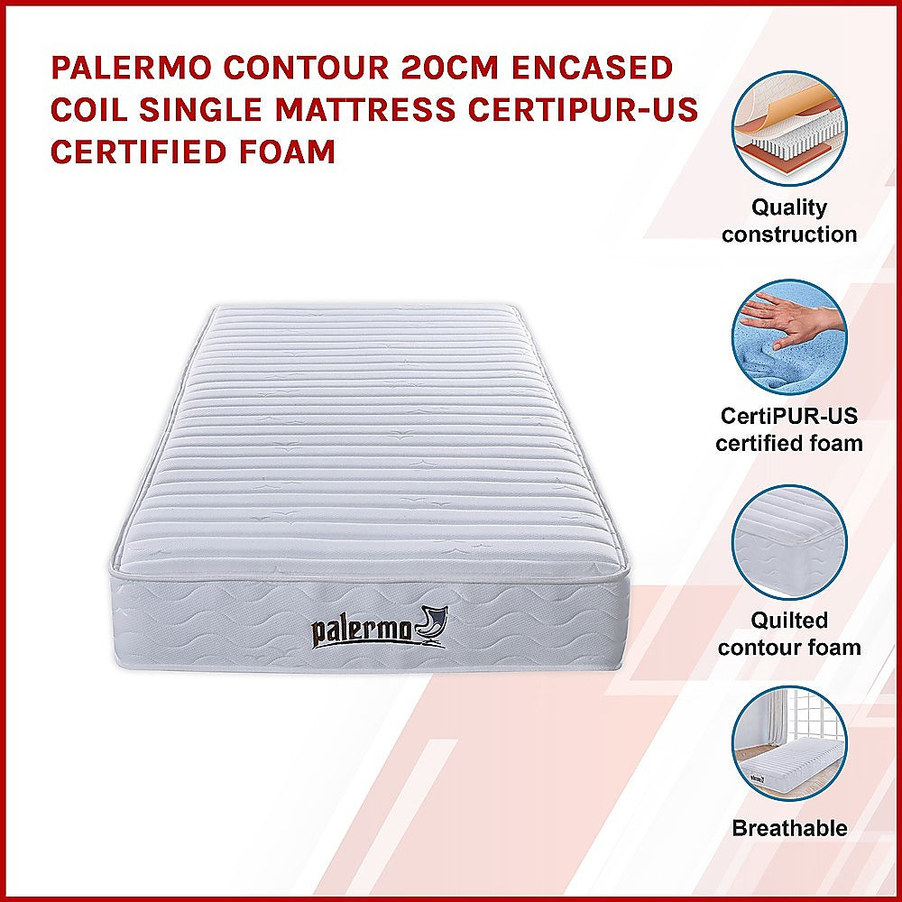 Palermo Contour 20Cm Encased Coil Single Mattress Certipur Us Certified Foam