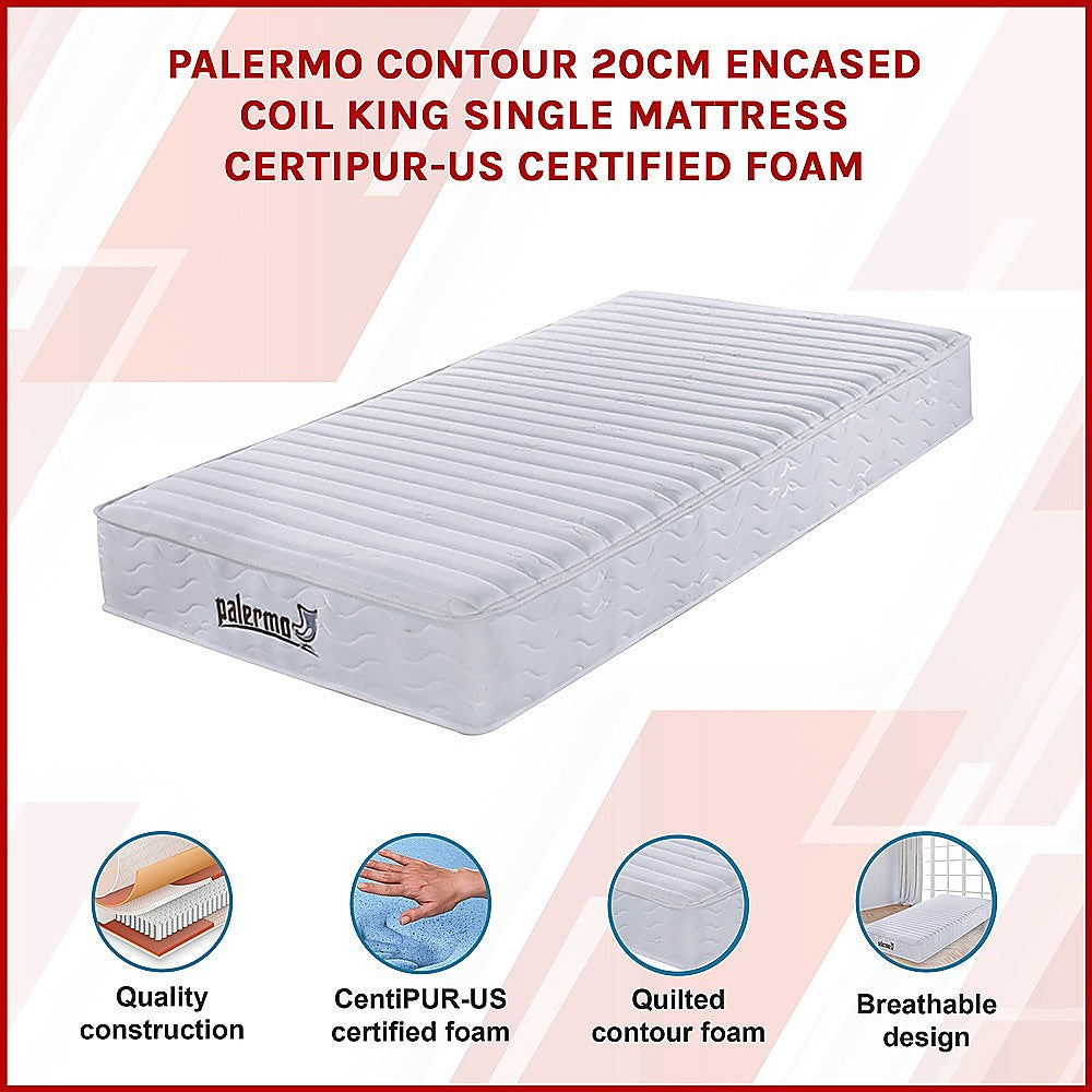 Palermo Contour 20Cm Encased Coil King Single Mattress Certipur Us Certified Foam
