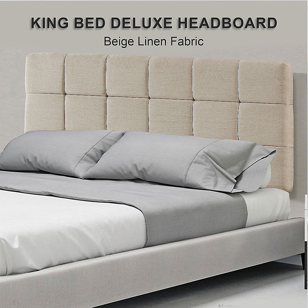 Linen Fabric King Bed Deluxe Headboard Bedhead Beige