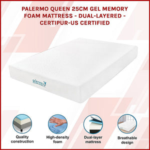 Palermo Queen 25Cm Gel Memory Foam Mattress Dual Layered Certipur Us Certified