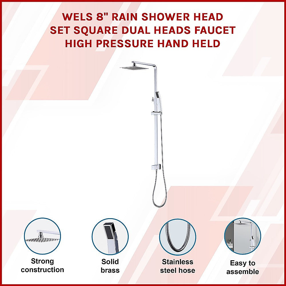 Wels 8" Rain Shower Head Set Square Dual Heads Faucet High Pressure Hand Held