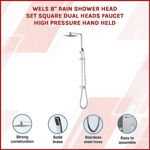 Wels 8" Rain Shower Head Set Square Dual Heads Faucet High Pressure Hand Held