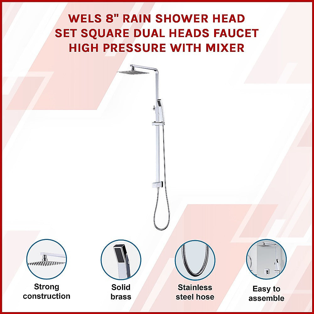 Wels 8" Rain Shower Head Set Square Dual Heads Faucet High Pressure With Mixer