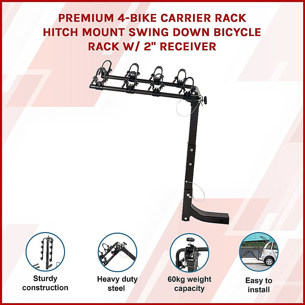 Premium 4 Bike Carrier Rack Hitch Mount Swing Down Bicycle W/ 2" Receiver